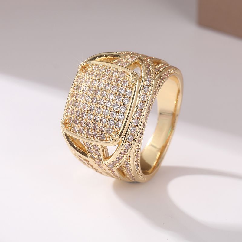 Light Luxury Square Full-diamond Unique Design, Gold Wide Band Ring, High-end And Elegant Index Finger Ring_voghion.com
