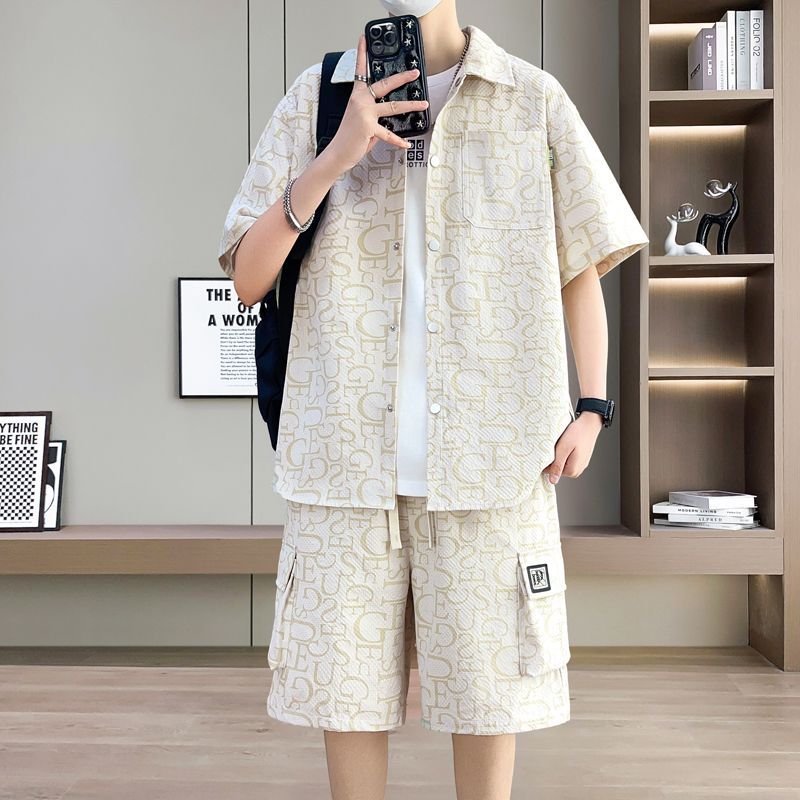 夏季薄款男套装衬衣泡泡衬衫青少年寸衫翻领半袖男士T恤短袖套装