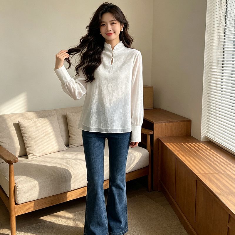 网红同款春季新款高领系扣宽松版纱料大版长袖时髦衬衫小衫女2613