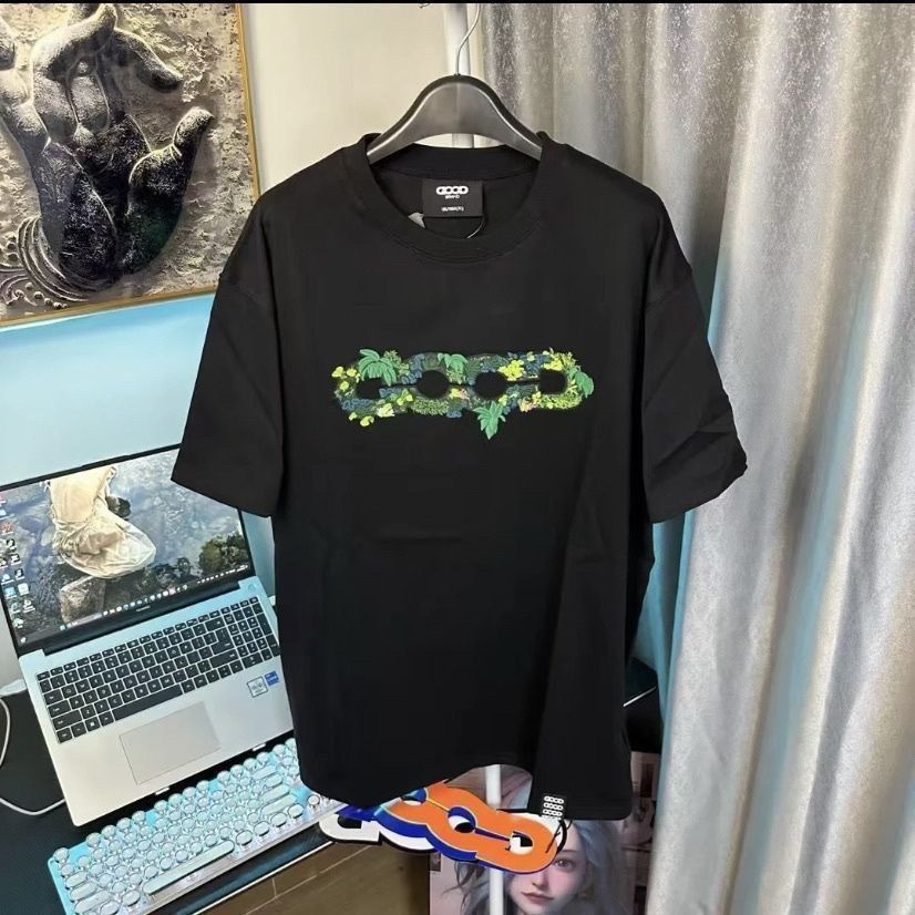 2026 Summer New Style Letter Embroidery With 3D Green Plants, Map Light Luxury Print, Fashionable High-End Unisex Short_viptrois.com