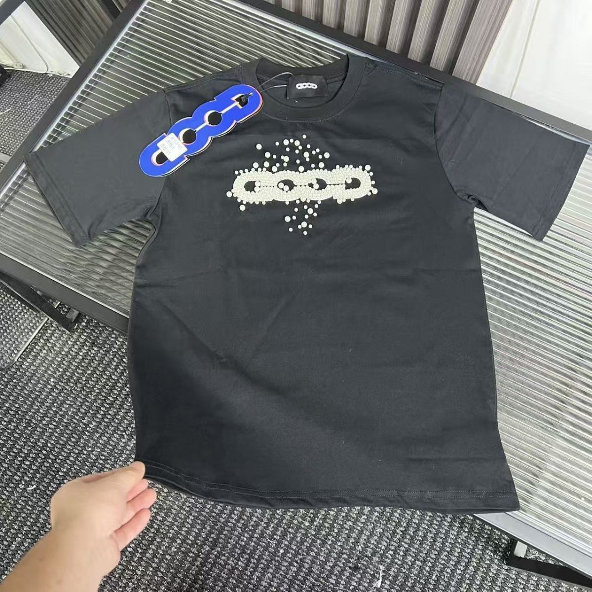 2026 Summer Colorful Gemstone Rhinestone Embellished Light Luxury T-Shirt Short Sleeve Couple Style Heavyweight Trendy_viptrois.com