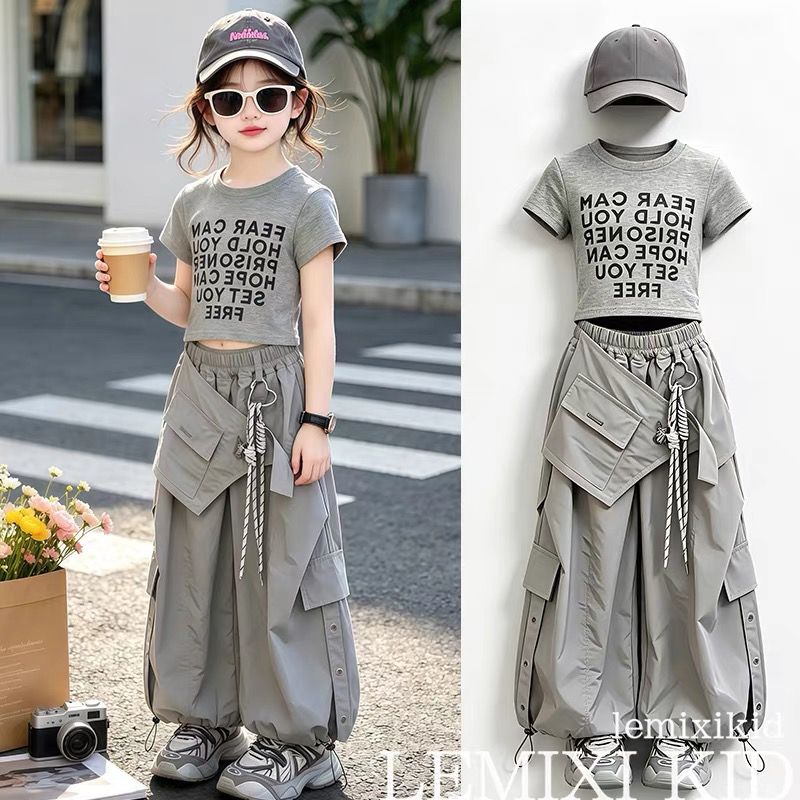 Completo cargo corto da ragazza 2026, nuova collezione estiva Street Dance, maglietta sottile ad asciugatura rapida sul retro e pantaloni a gamba larga, dolce e fresco._voghion.com