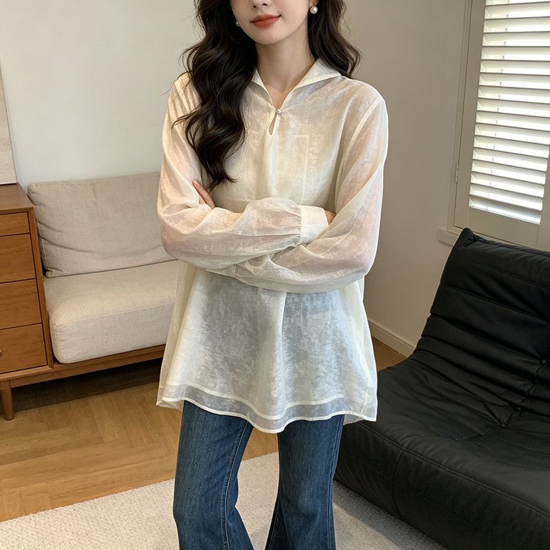 网红同款春季新款高领系扣宽松版纱料大版长袖时髦衬衫小衫女2613