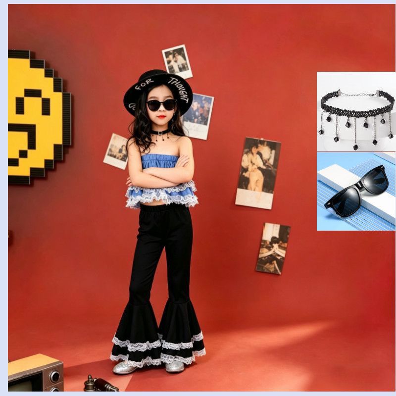 Girls' 80S-90S Retro Hong Kong Style Bell-Bottom Pants, Nostalgic Rose Red Black Velvet, Suitable For Kindergarten_voghion.com