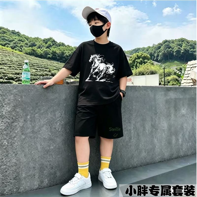 胖童装男童短袖五分裤套装胖孩子加肥加大舒适宽松吸汗学生两件套