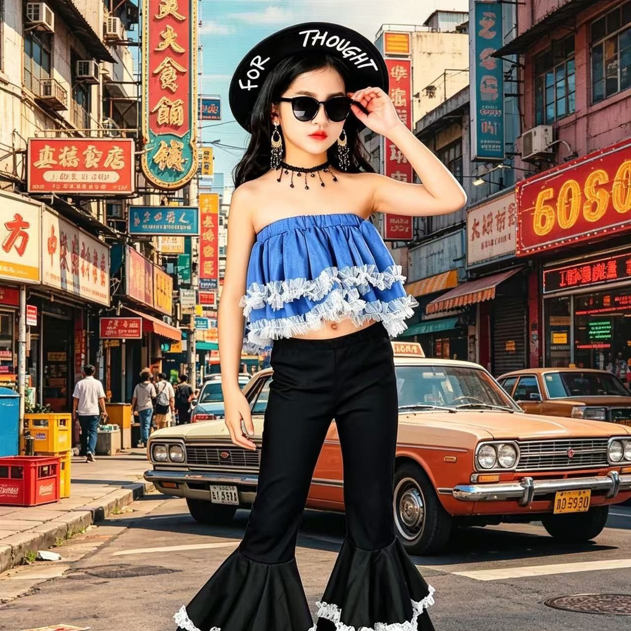 Girls' 80S-90S Retro Hong Kong Style Bell-Bottom Pants, Nostalgic Rose Red Black Velvet, Suitable For Kindergarten_voghion.com