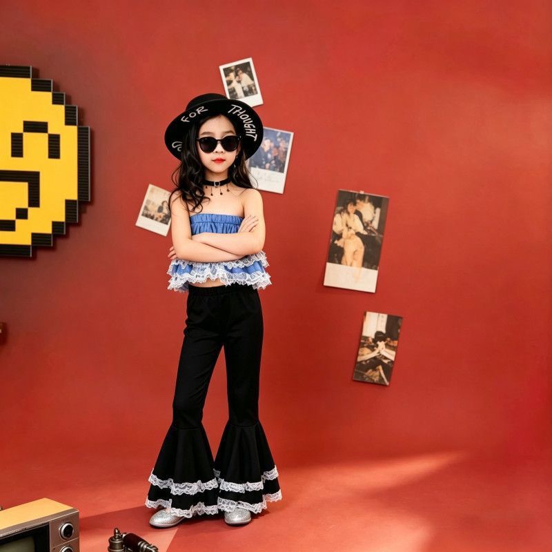 Girls' 80S-90S Retro Hong Kong Style Bell-Bottom Pants, Nostalgic Rose Red Black Velvet, Suitable For Kindergarten_voghion.com