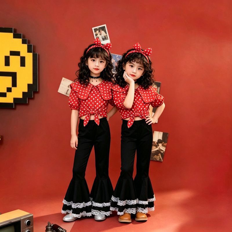 Retro sammet byxor med utsvängda ben för flickor rosa och svart_voghion.com