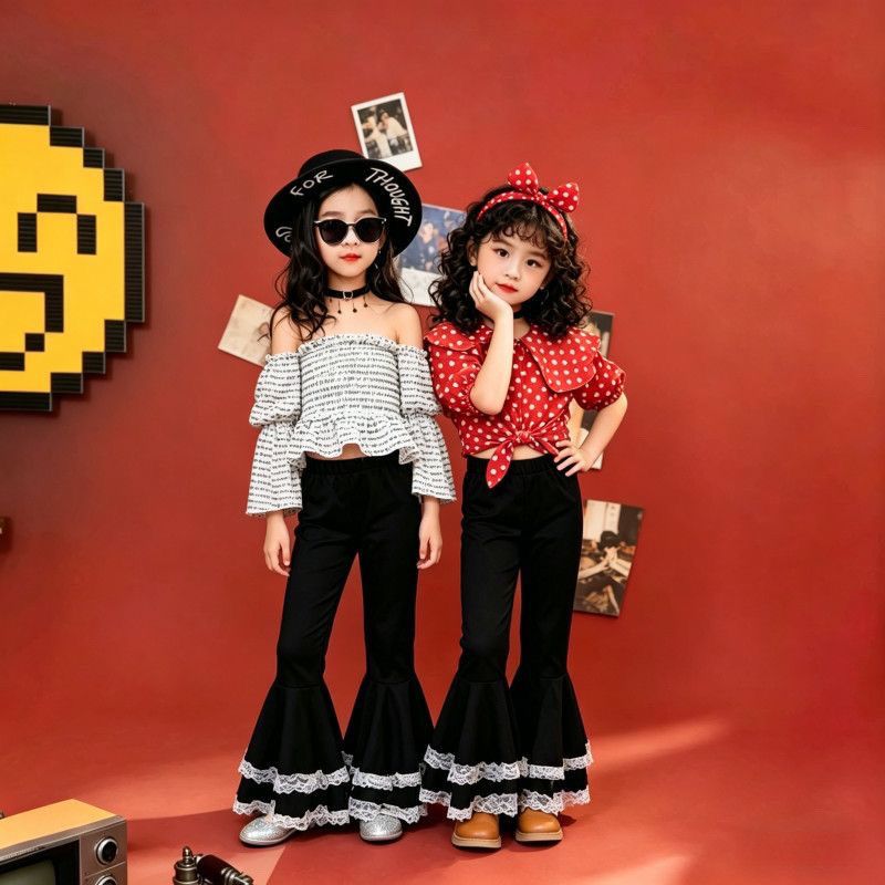 Retro sammet byxor med utsvängda ben för flickor rosa och svart_voghion.com