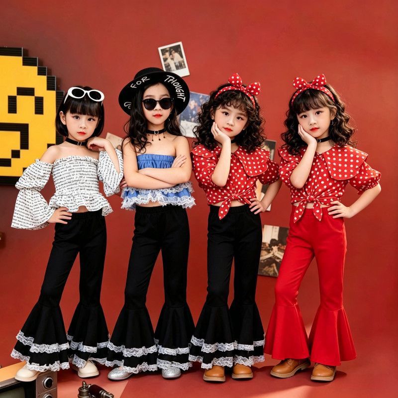 Retro sammet byxor med utsvängda ben för flickor rosa och svart_voghion.com