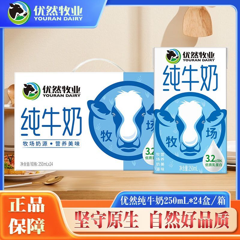 6月产 优然牧业纯牛奶250ml*24盒整箱早餐纯牛奶全脂特价 图 3