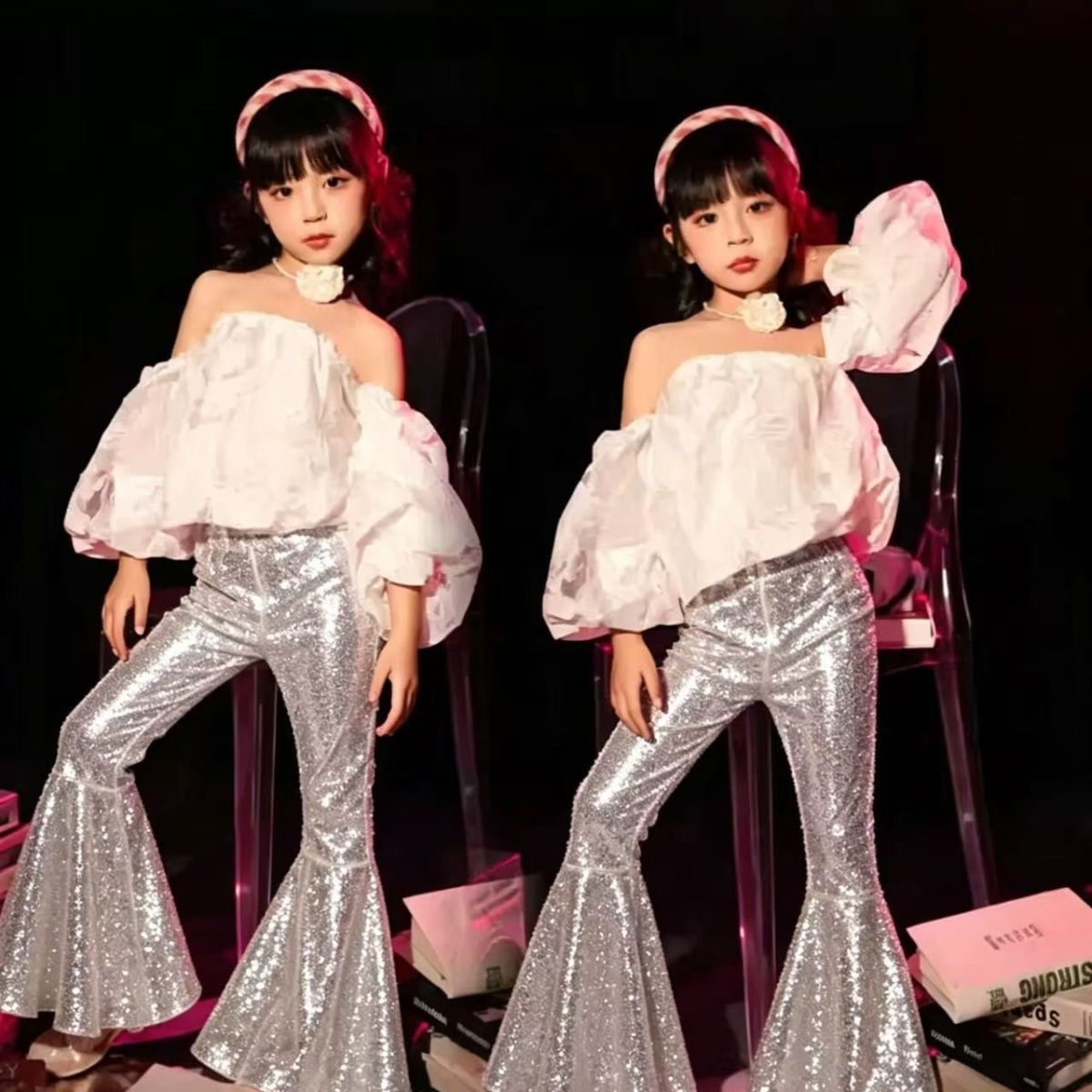 Girl's Off-shoulder Top And Sequin Flared Pants Set Clothing Set_voghion.com