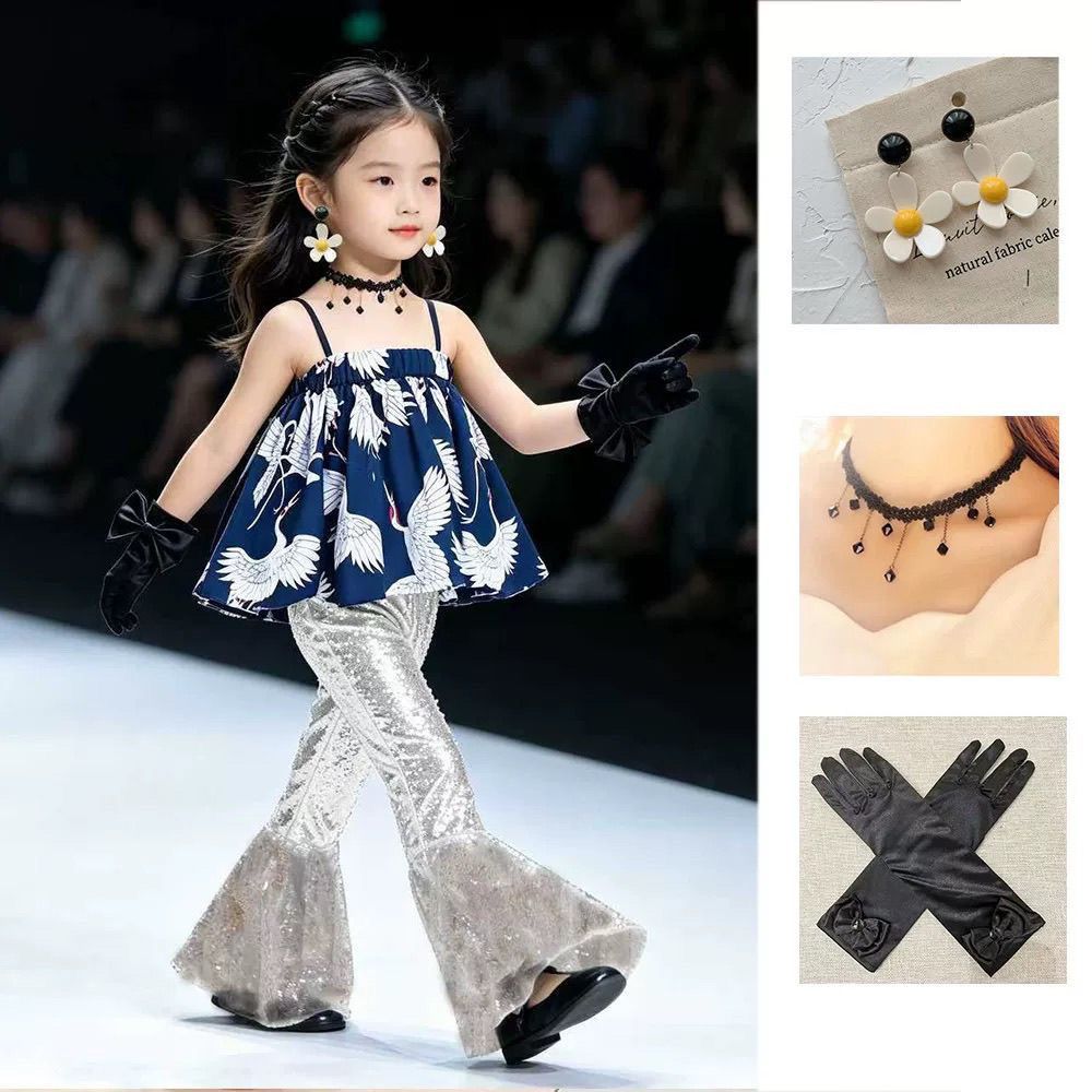 80S And 90S Themed Retro Performance Costumes For Children, Vintage Hong Kong Style Sequined Bell-Bottom Pants, Girls'_voghion.com