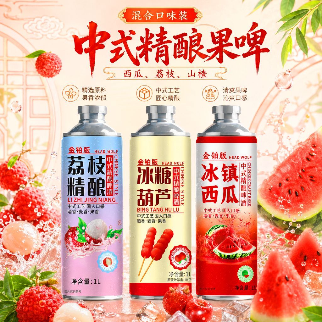 中式精酿果啤1L6瓶装整箱10度荔枝冰糖葫芦冰镇西瓜啤酒批发包邮