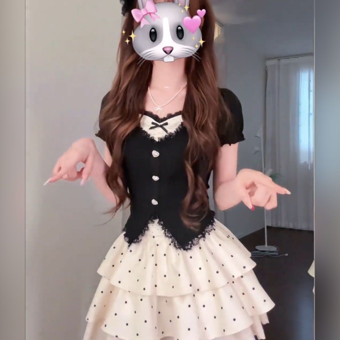 甜美时尚黑白针织上衣收腰短裙两件套夏季日系软妹t恤蓬蓬裙套装