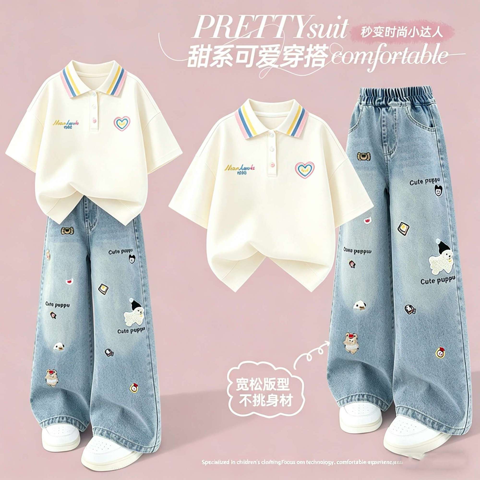 夏季女中大童夏新款Polo衫短袖卡通阔腿两件套中大童休闲牛仔套装 图片 5