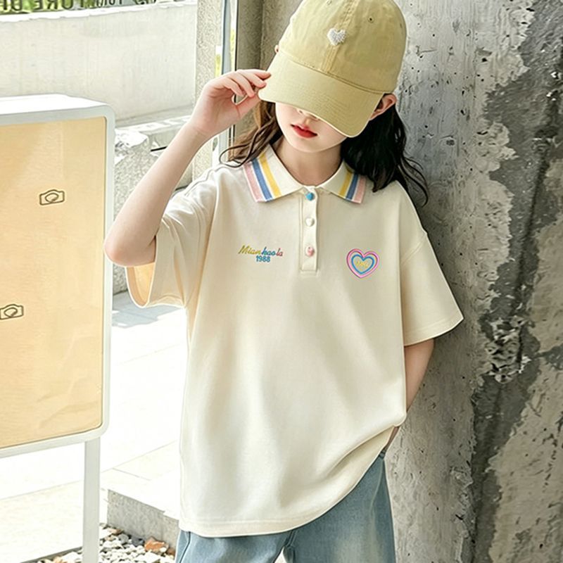 夏季女中大童夏新款Polo衫短袖卡通阔腿两件套中大童休闲牛仔套装 图片 7