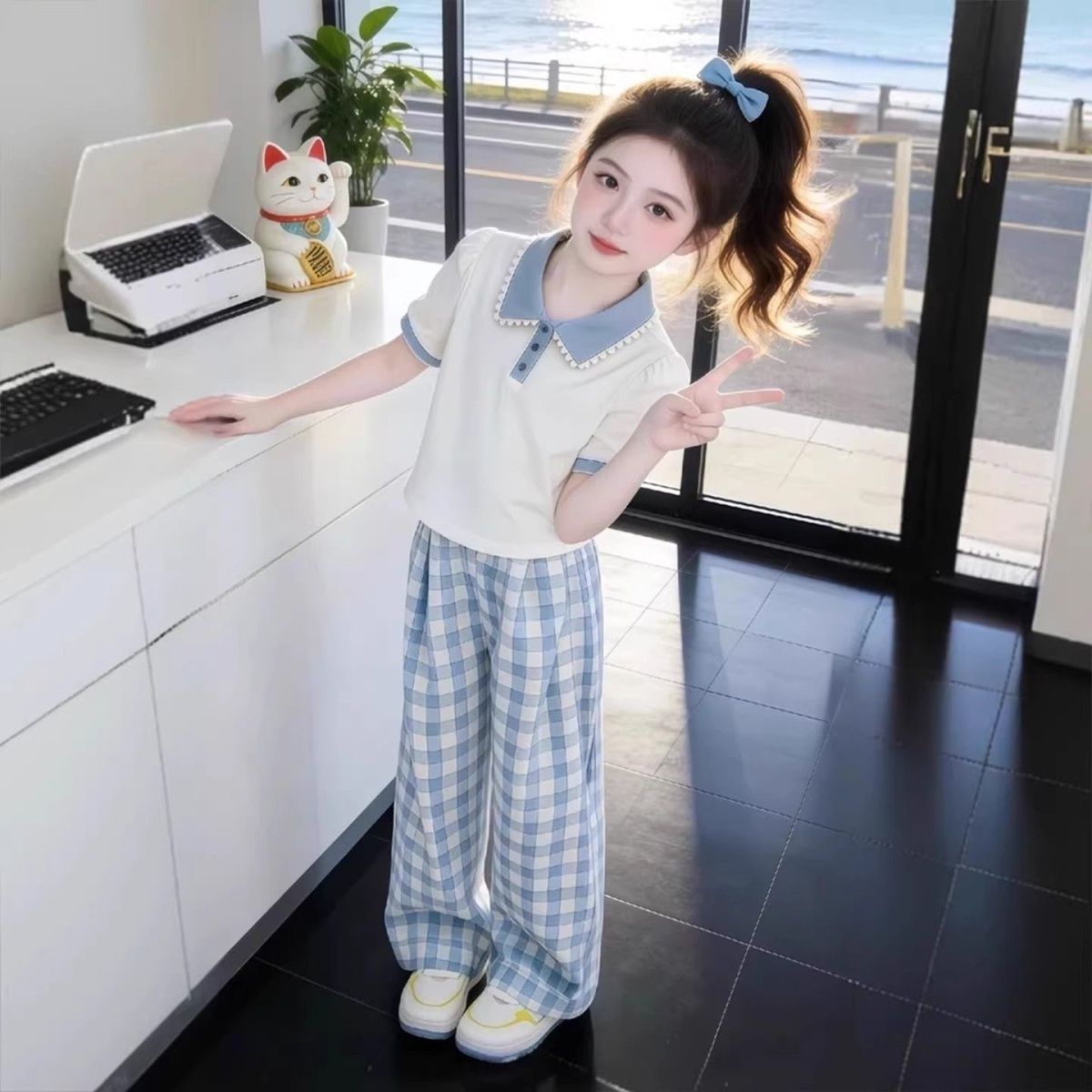 Completo bambina collo polo maniche corte outfit casual a quadri_voghion.com