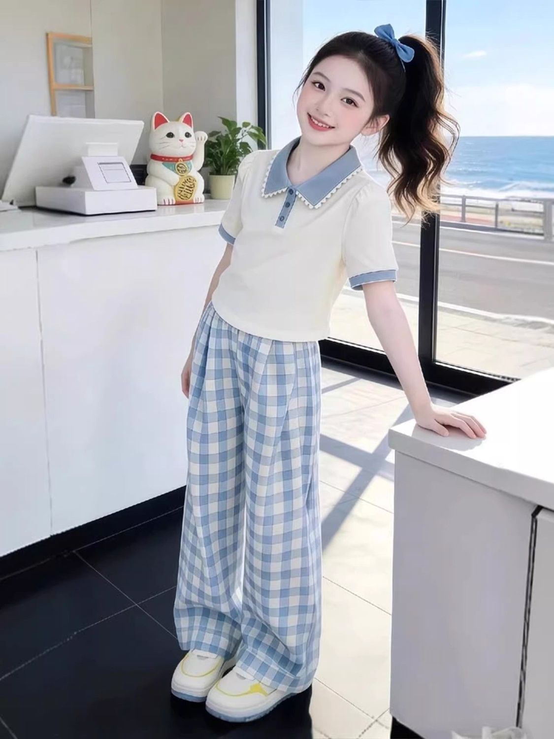 Completo bambina collo polo maniche corte outfit casual a quadri_voghion.com