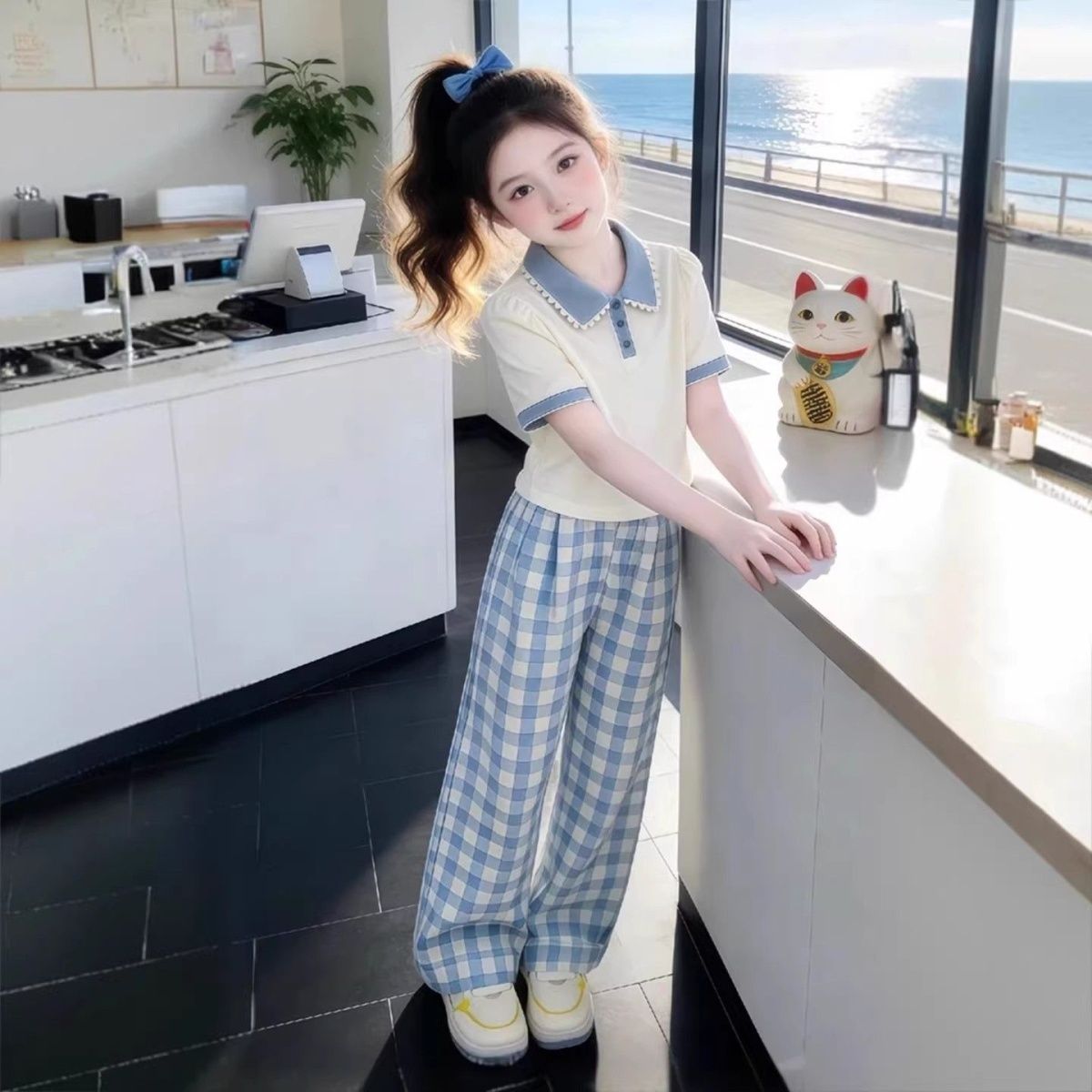 Completo bambina collo polo maniche corte outfit casual a quadri_voghion.com