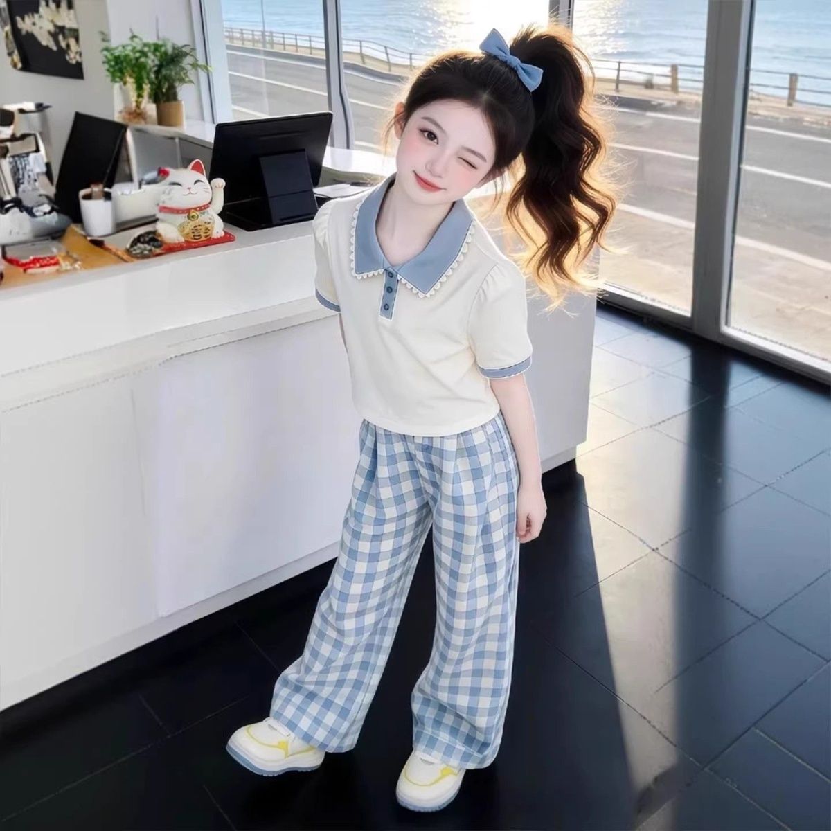 Completo bambina collo polo maniche corte outfit casual a quadri_voghion.com
