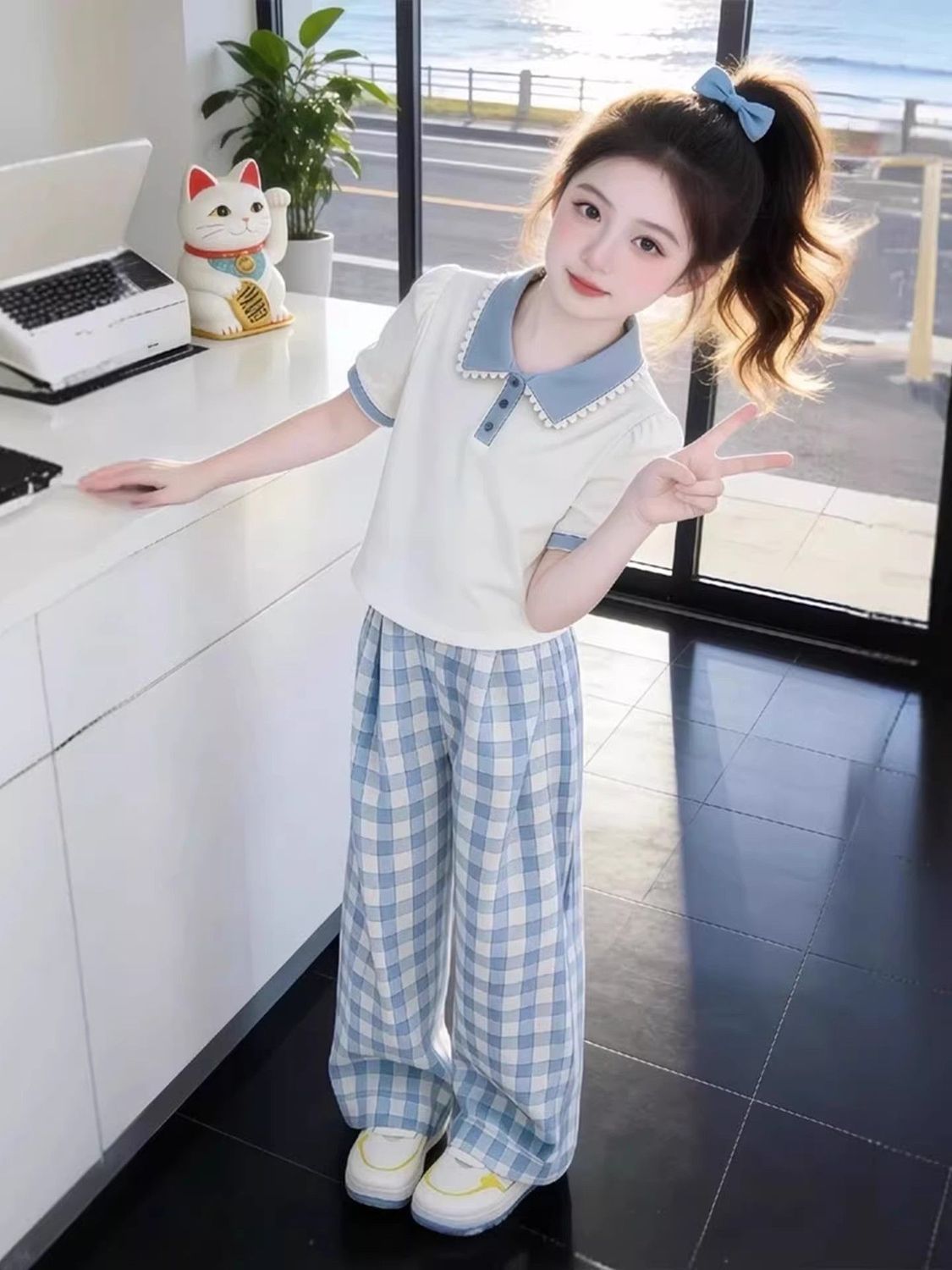 Completo bambina collo polo maniche corte outfit casual a quadri_voghion.com