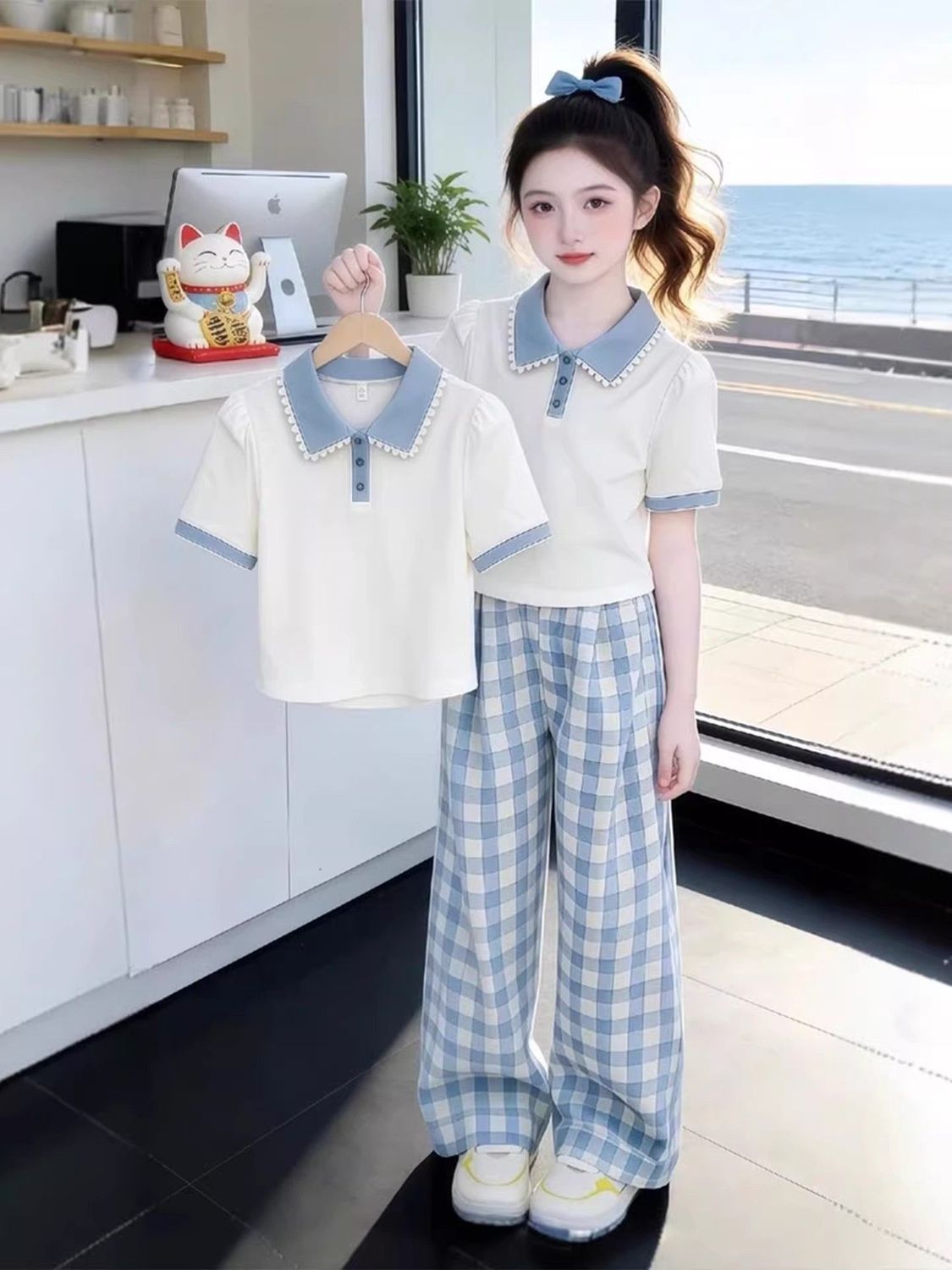 Completo bambina collo polo maniche corte outfit casual a quadri_voghion.com