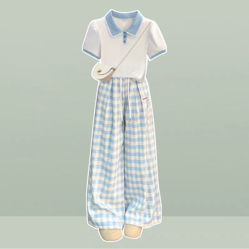 Completo bambina collo polo maniche corte outfit casual a quadri_voghion.com