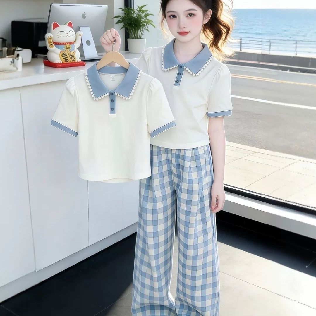 Completo bambina collo polo maniche corte outfit casual a quadri_voghion.com