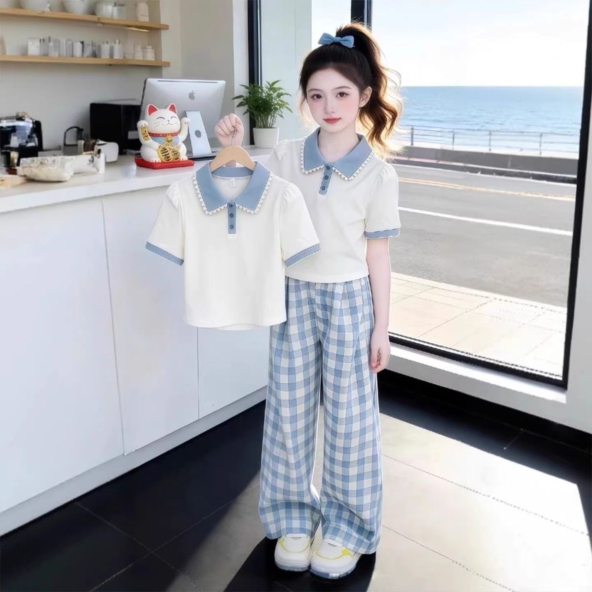 Completo da ragazza con colletto polo e maniche corte, estate 2026, nuovo stile coreano alla moda, casual, a quadri, pantaloni lunghi a gamba larga per ragazze più grandi_voghion.com