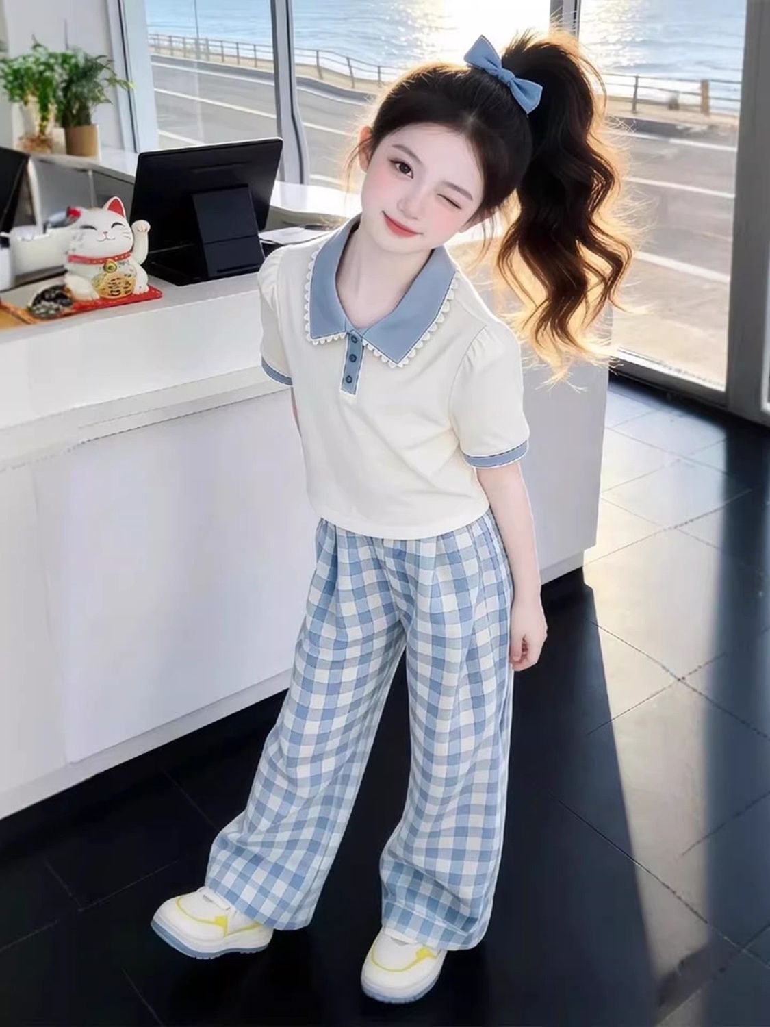 Completo bambina collo polo maniche corte outfit casual a quadri_voghion.com