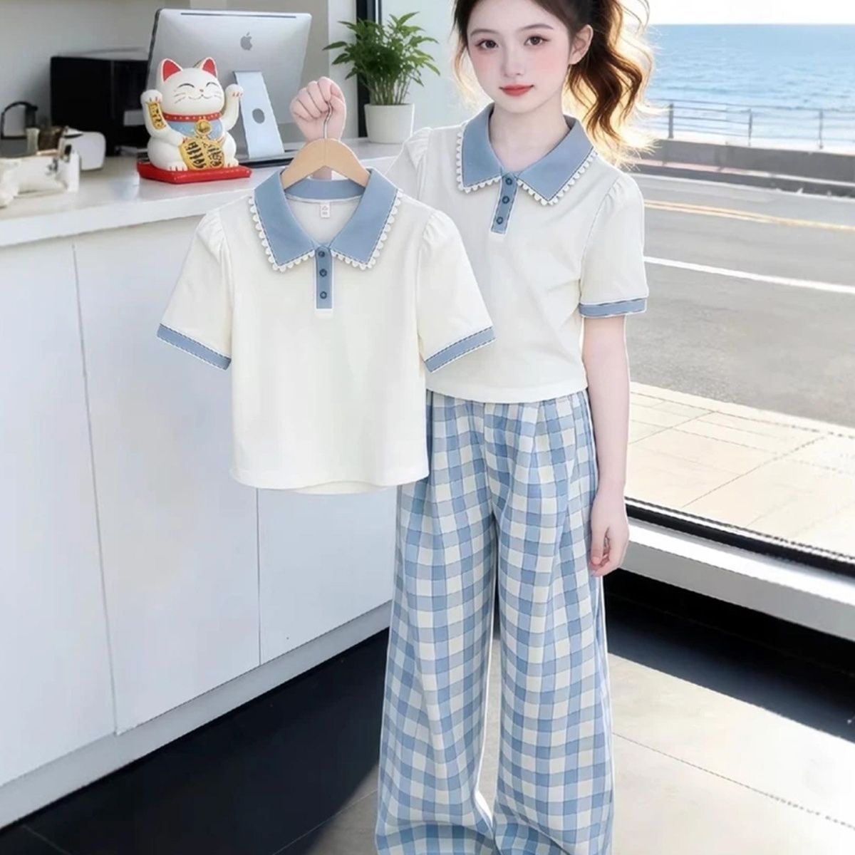 Completo bambina collo polo maniche corte outfit casual a quadri_voghion.com