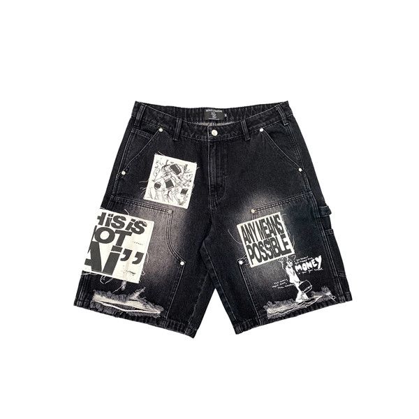 MIXED EMOTION Embroidered Letter Jeans For Men And Women, Loose Straight Washed Vintage Trendy Versatile Shorts_viptrois.com