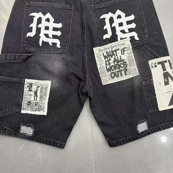 MIXED EMOTION Embroidered Letter Jeans For Men And Women, Loose Straight Washed Vintage Trendy Versatile Shorts_viptrois.com