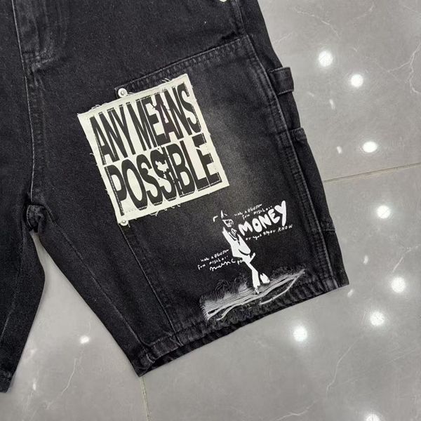 MIXED EMOTION Embroidered Letter Jeans For Men And Women, Loose Straight Washed Vintage Trendy Versatile Shorts_viptrois.com