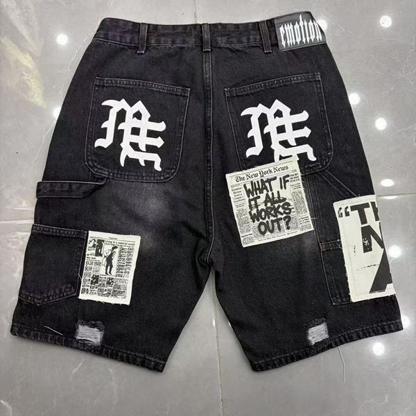 MIXED EMOTION Embroidered Letter Jeans For Men And Women, Loose Straight Washed Vintage Trendy Versatile Shorts_viptrois.com