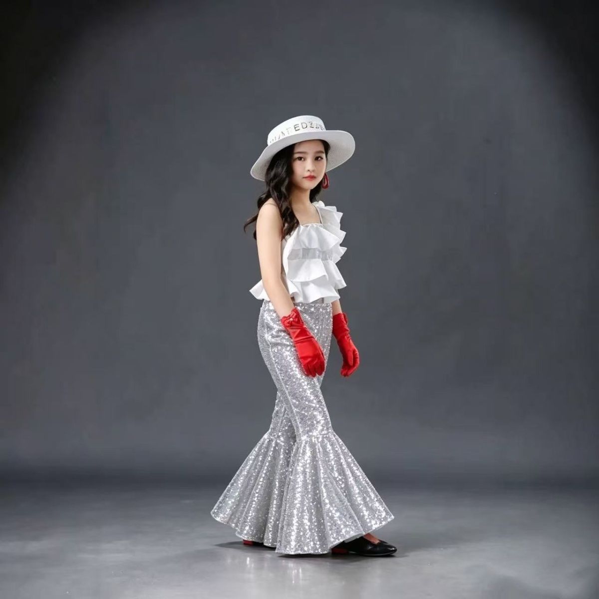 Conjunto de dança jazz retro para meninas roupa de performance_voghion.com