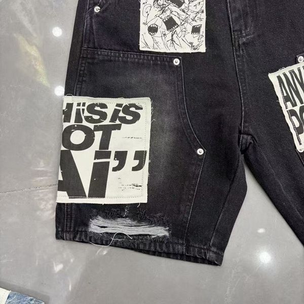 MIXED EMOTION Embroidered Letter Jeans For Men And Women, Loose Straight Washed Vintage Trendy Versatile Shorts_viptrois.com