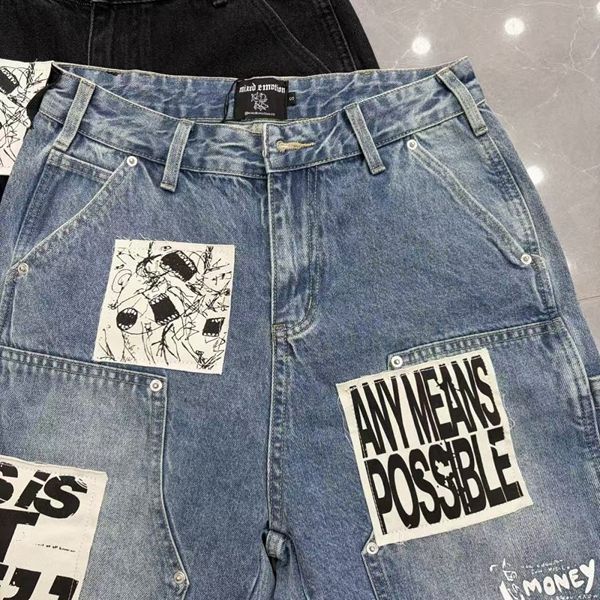 MIXED EMOTION Embroidered Letter Jeans For Men And Women, Loose Straight Washed Vintage Trendy Versatile Shorts_viptrois.com