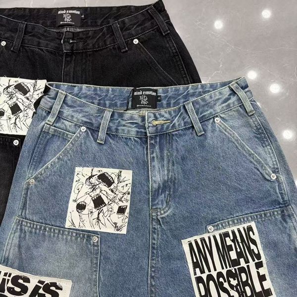MIXED EMOTION Embroidered Letter Jeans For Men And Women, Loose Straight Washed Vintage Trendy Versatile Shorts_viptrois.com