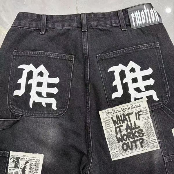 MIXED EMOTION Embroidered Letter Jeans For Men And Women, Loose Straight Washed Vintage Trendy Versatile Shorts_viptrois.com