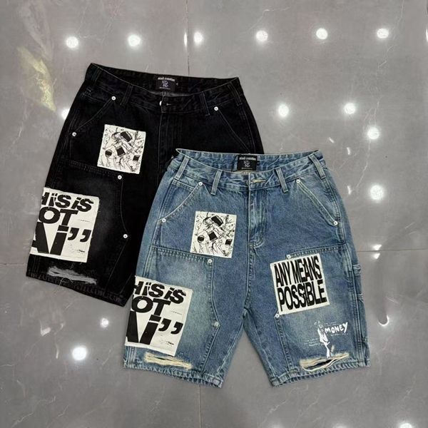 MIXED EMOTION Embroidered Letter Jeans For Men And Women, Loose Straight Washed Vintage Trendy Versatile Shorts_viptrois.com