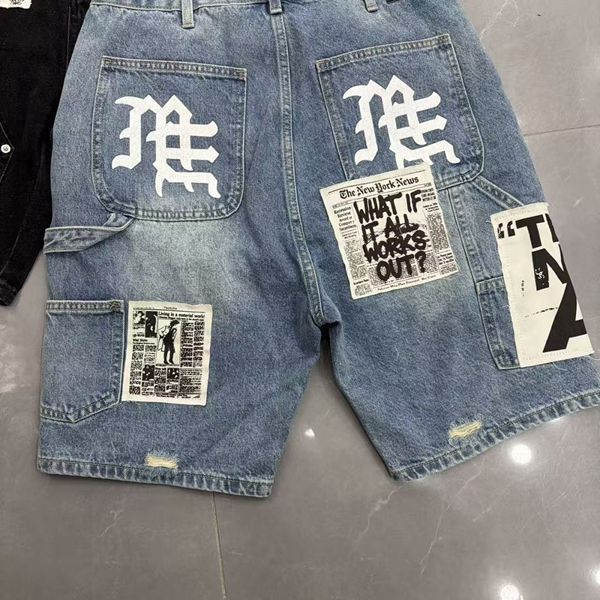 MIXED EMOTION Embroidered Letter Jeans For Men And Women, Loose Straight Washed Vintage Trendy Versatile Shorts_viptrois.com
