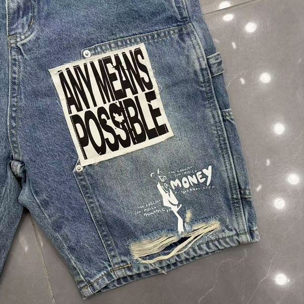 MIXED EMOTION Embroidered Letter Jeans For Men And Women, Loose Straight Washed Vintage Trendy Versatile Shorts_viptrois.com