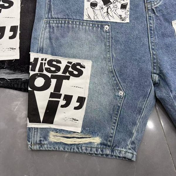 MIXED EMOTION Embroidered Letter Jeans For Men And Women, Loose Straight Washed Vintage Trendy Versatile Shorts_viptrois.com