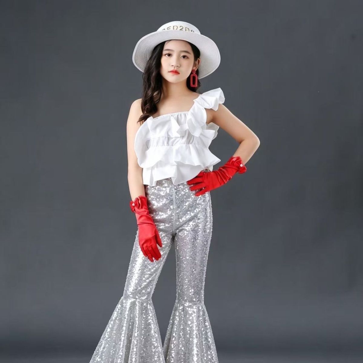 Conjunto de dança jazz retro para meninas roupa de performance_voghion.com