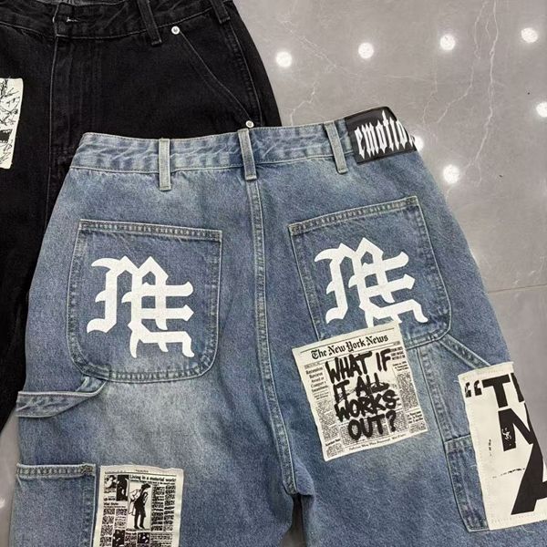 MIXED EMOTION Embroidered Letter Jeans For Men And Women, Loose Straight Washed Vintage Trendy Versatile Shorts_viptrois.com