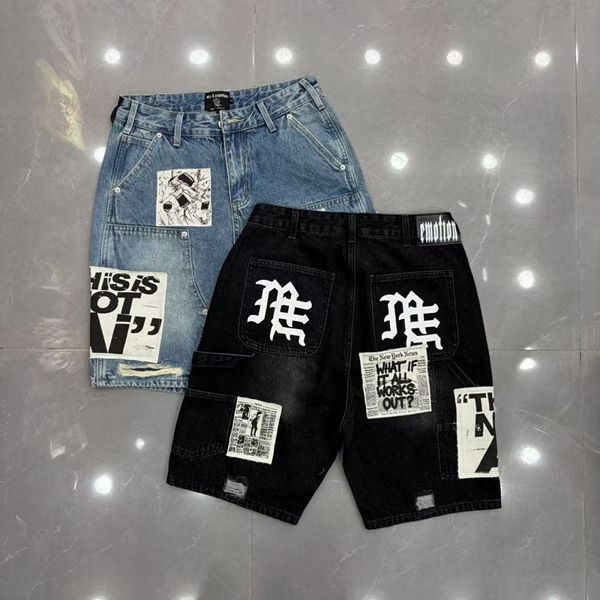 MIXED EMOTION Embroidered Letter Jeans For Men And Women, Loose Straight Washed Vintage Trendy Versatile Shorts_viptrois.com