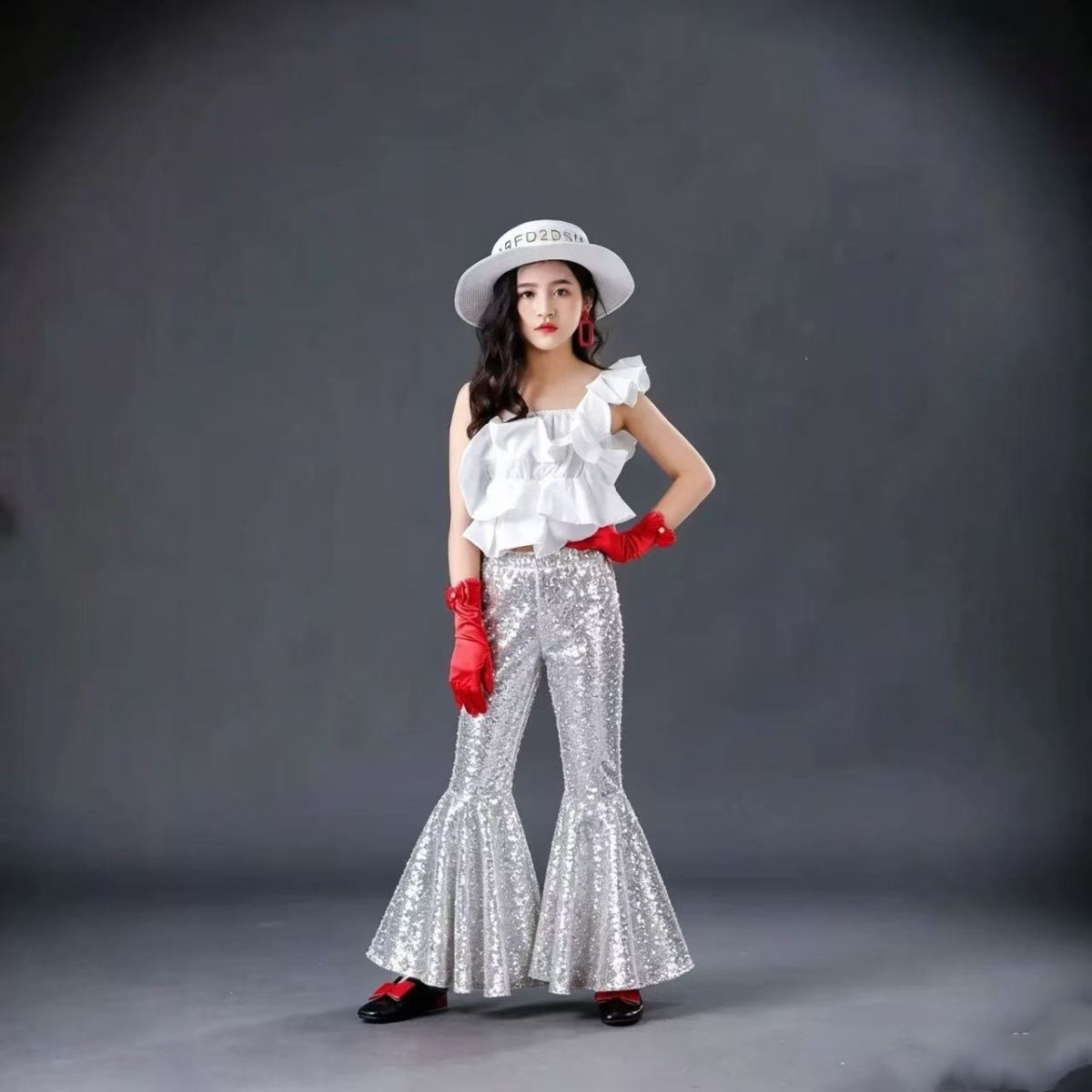 Conjunto de dança jazz retro para meninas roupa de performance_voghion.com