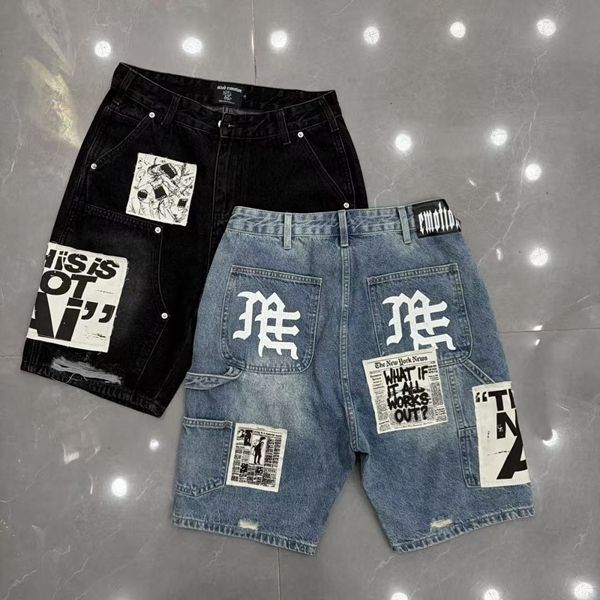 MIXED EMOTION Embroidered Letter Jeans For Men And Women, Loose Straight Washed Vintage Trendy Versatile Shorts_viptrois.com